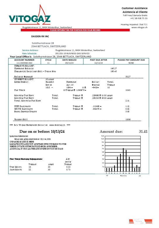 Switzerland Vitogaz Switzerland AG business utility bill template, fully editable in Word and PDF formats